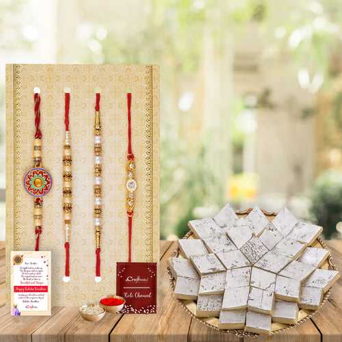 Set of 4 Floral, Pearls, Diamonds, Designer Rakhis with Kaju Katli and Roli Chawal Pack, Raksha Bandhan Greeting Card