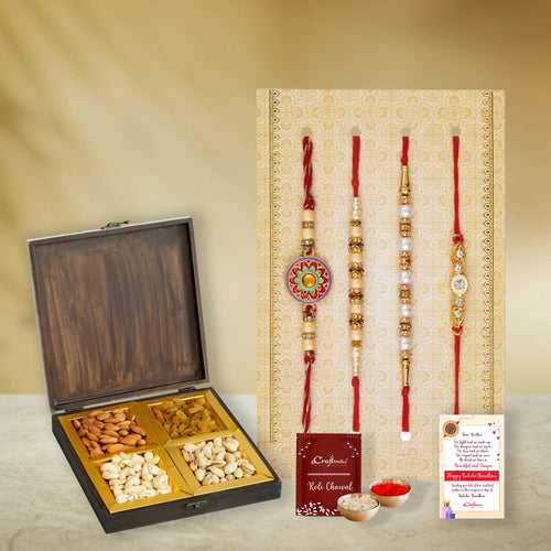 Set of 4 Floral, Pearls, Diamonds, Designer Rakhis with Dry Fruits and Roli Chawal Pack, Raksha Bandhan Greeting Card