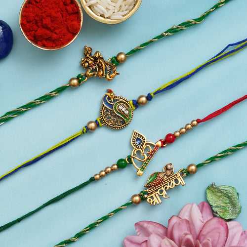 Set of 4 Radha Krishna Playing Flute, Peacock, Om Symbol, and, Shri Krishna Religious Designer Rakhis with Roli Chawal Pack