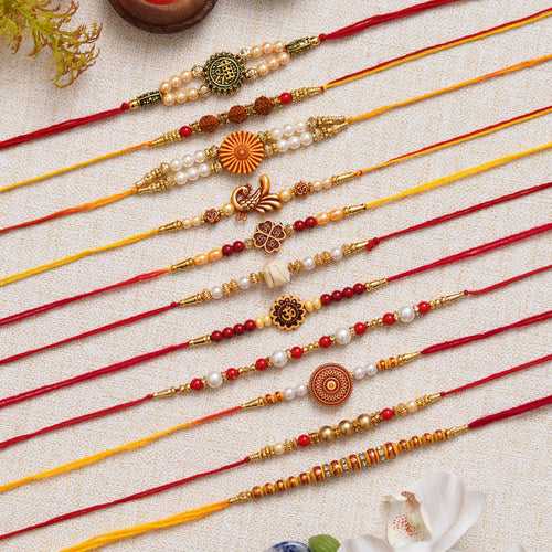 Multicolor Set of 11 Shri, Rudraksha, Flower, Peacock, Om, Beads, Pearl Religious Designer Rakhis with Roli Chawal Pack