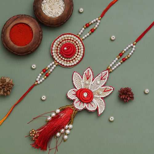 White and Red Pearls and Beautiful Floral Designer Bhaiya Bhabhi Rakhi Set with Roli Chawal Pack