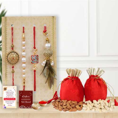 Set of 4 Floral, Pearls, Diamonds, Lumba Designer Rakhis with Cashew Almond Dryfruits and Roli Chawal Pack, Raksha Bandhan Greeting Card