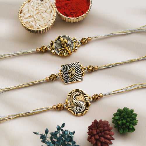 Set of 3 Krishna Playing Flute, Peacock Feather, and Peacock Designer Rakhis, and Roli Chawal Pack
