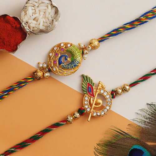 Set of 2 Beautiful Peacock, Peacock Feather with Flute Designer Rakhis, and Roli Chawal Pack