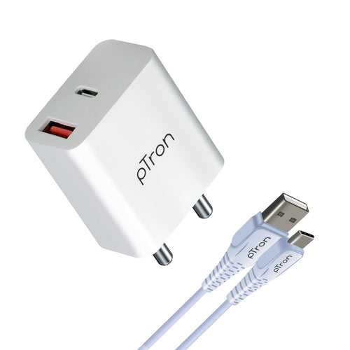 pTron Volta FC15 20W Fast PD/Type-C & USB Charger Adapter with Type-C 1M USB Cable, Auto-detect Technology, Multi-Layer Protection, iPhone & Android Compatibility, Made in India Adaptor (White)