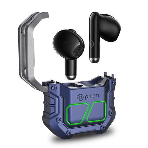 pTron Bassbuds Xtreme In-Ear Wireless Headphone with 32Hrs Playtime, BT5.3, 13mm Driver, Stereo Calls, DeepBass, Touch Control TWS Earbuds, Zany Case & Type-C Fast Charging (Blue/Black)