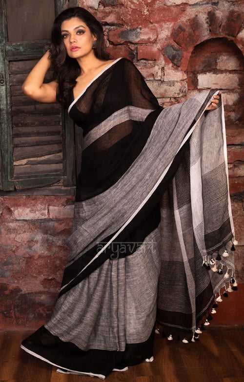 Black, Grey & White Linen Saree