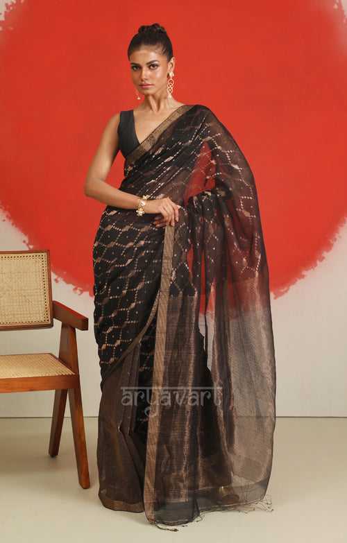 Black Silk Saree With Stunning Woven Zari Jamdani Design