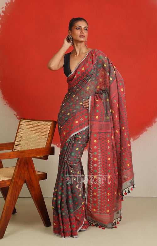 Grey Jamdani Saree with Woven Buttas Red Border and Pallu