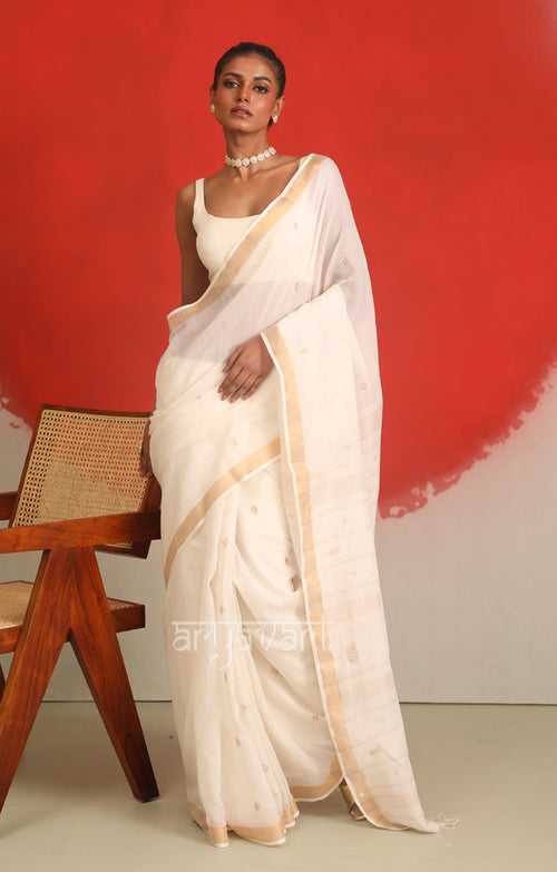 Striking White Saree With Woven Zari Jamdani Design