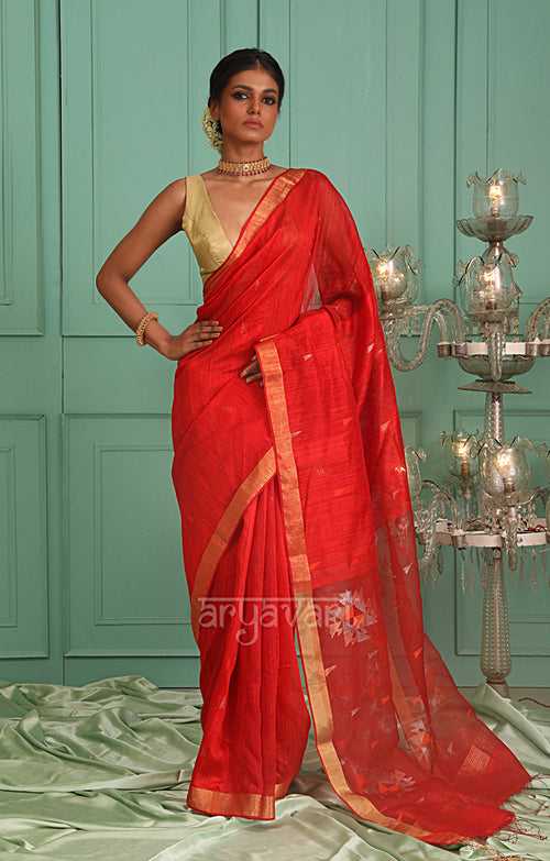 Scarlet Red Silk Saree With Woven In Sequence & Jamdani Motifs