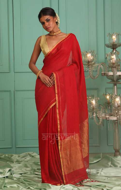 Red Linen saree With Zari Border