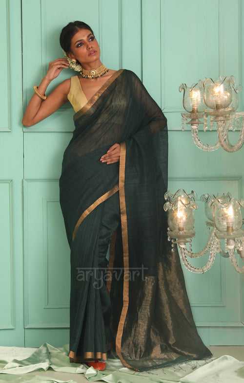 Pine Green Matka Silk Saree with Zari Border & Pallu