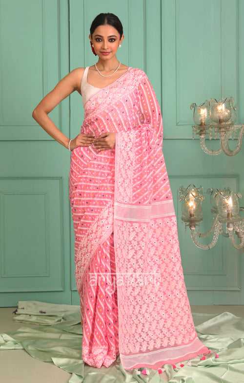 Stunning Pink Saree With Woven Jamdani Line Design In White