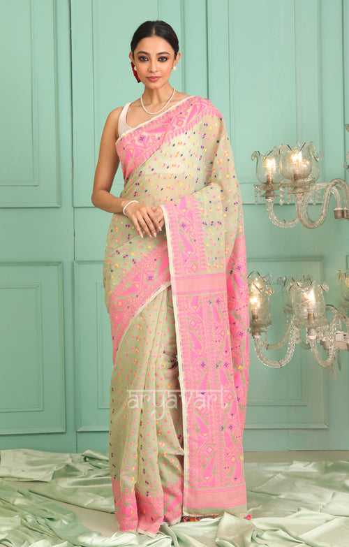 Mint Green Jamdani Saree with Pink Woven Boarder & Pallu