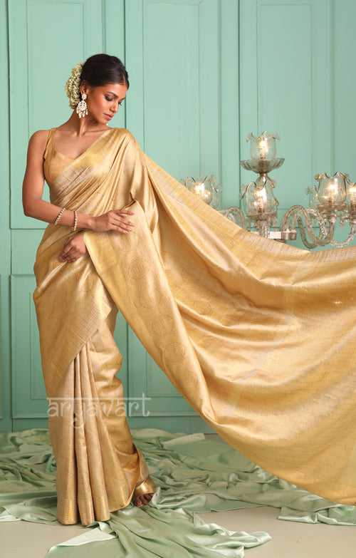 Beige & Gold Kanchipuram Silk Saree With Woven Design