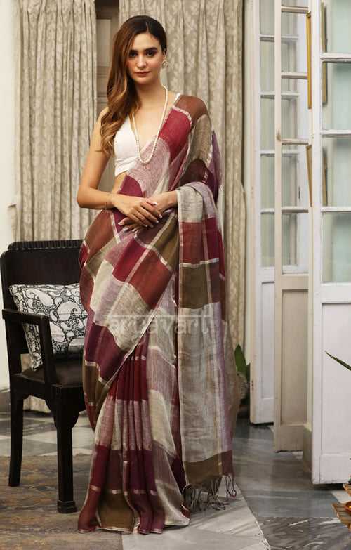 Srtriking Linen Saree in Brown, Maroon & Silver Zari Checks