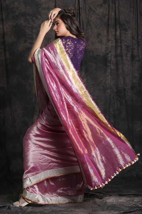 Pink Tissue Linen Saree With A Striking Border