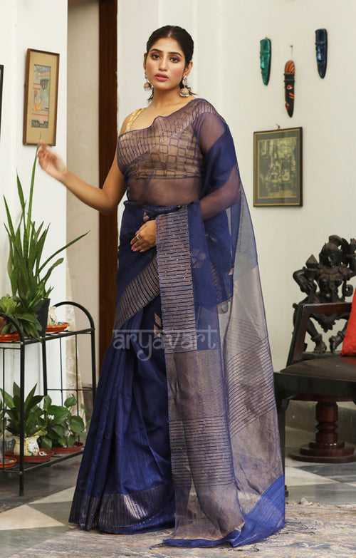 Midnight Blue Silk Saree With Woven In Sequence & Jamdani Motifs