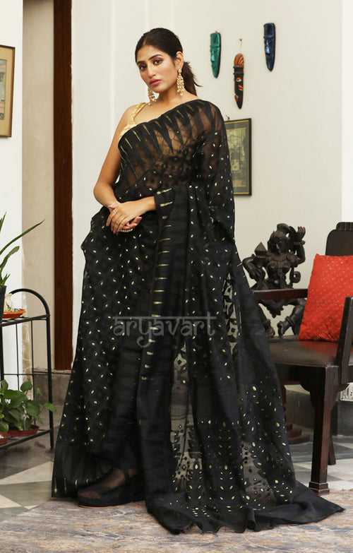 Black Jamdani Saree with Geometric Woven Design With Zari Butta Highlights