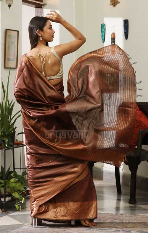 Cinnamaon Brown Tussar Silk Saree with Zari Border & Pallu