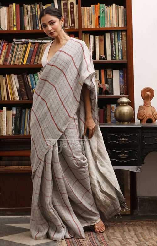 Grey Linen Saree with Brick red Check Design