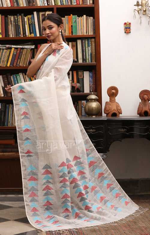 Off White Linen Saree with Striking Triangle shape Jamdani Woven Design