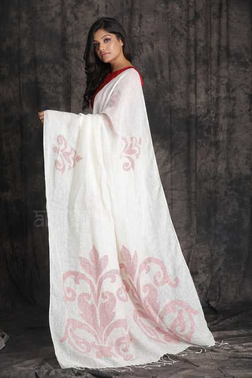 White  Organic Linen Saree With Woven Jamdani Designs in Red