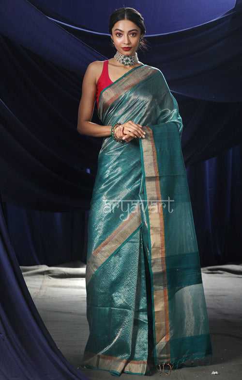 Teal Tissue Matka Silk Saree With Zari Pallu