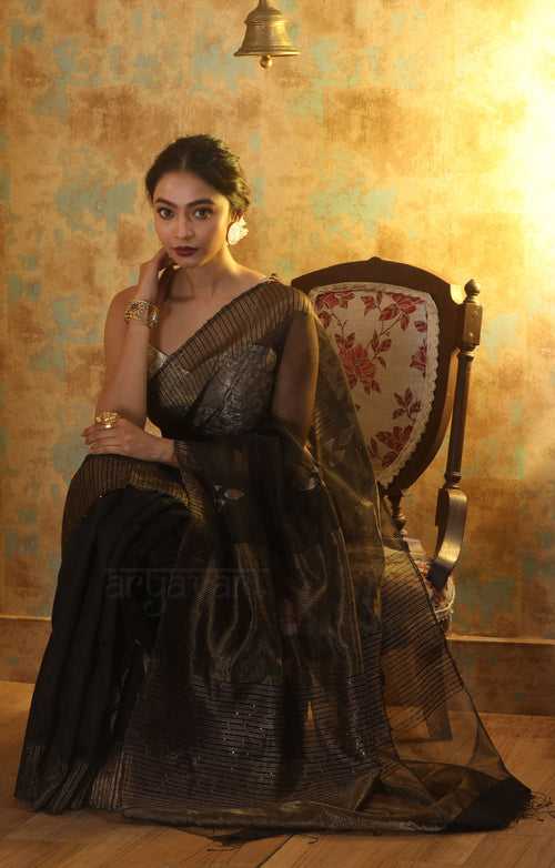 Black Silk Saree With Woven Zari Motifs & Border