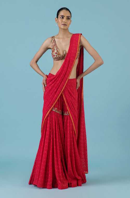 Coral Gharara Saree With Bralette