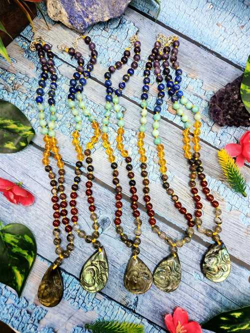 7 Chakra 56 Bead Mala of 8mm size with Labradorite tear drop shaped Om pendant | Gemstone Necklace | Birthday Gift | Valentine gift | Mother's Day gift