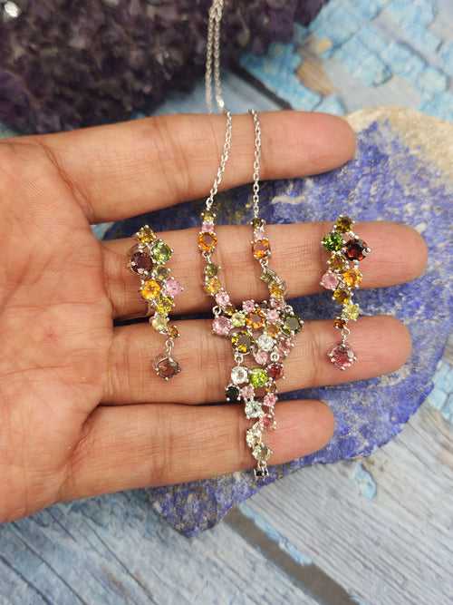 Multi Tourmaline Set of Necklace and a pair of Earring - Harmony in Hues | Gemstone Necklace | Birthday Gift | Valentine gift | Mother's Day gift