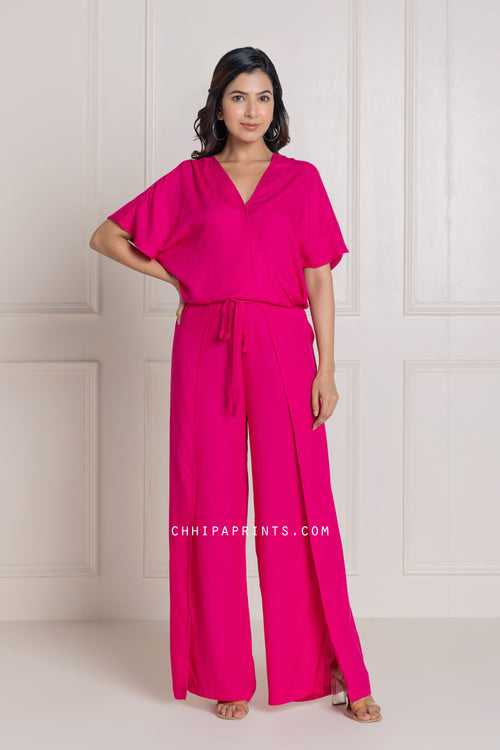 Cotton Modal Wrap Top and Pants Co Ord Set in Solid Shades of Hot Pink