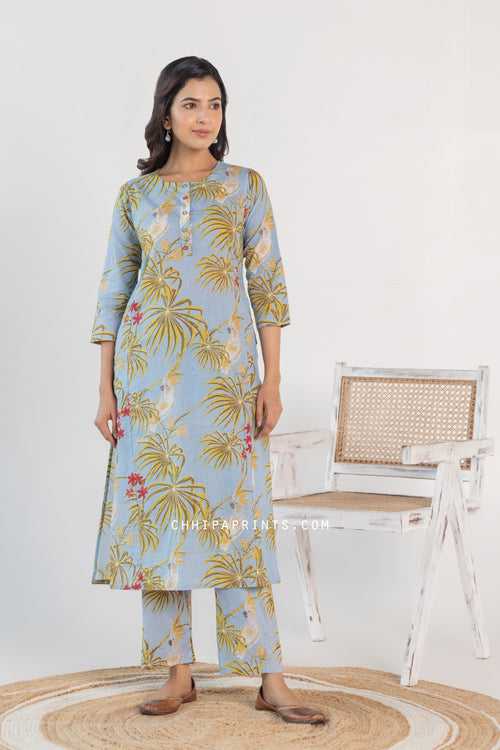 Cotton Bird Jaal Print Kurta and Pants Co Ord Set in Aqua Grey