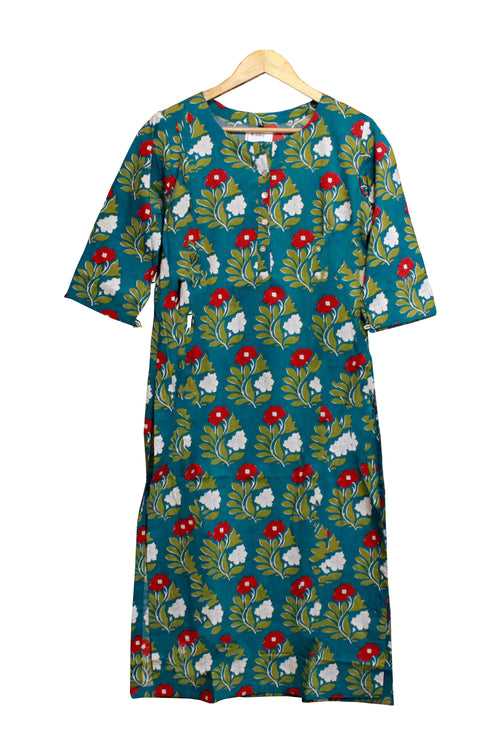 Cotton Flower Buti Print Kurta in Teal