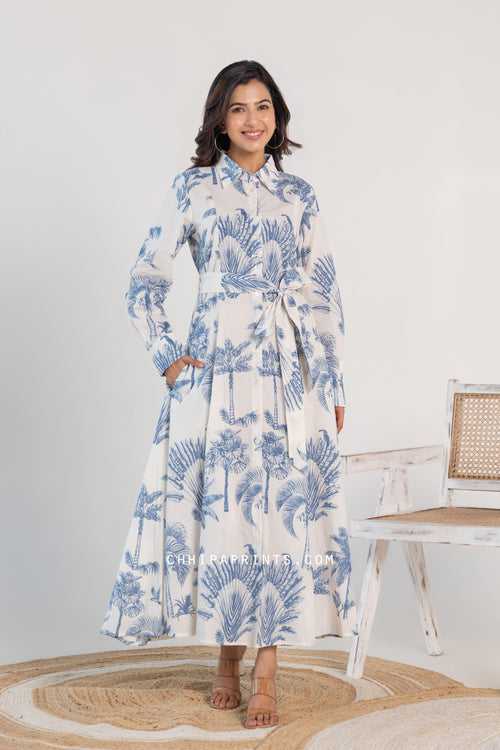 Cotton Palm Print Long Shirt Dress with Belt in Blue