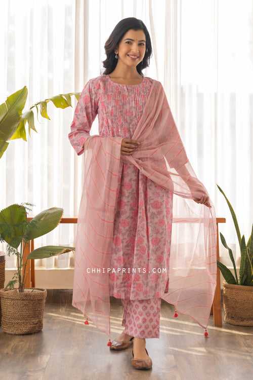 Cotton Lotus Jaal Shell Tuck Kurta Set in Shades of Pale Mauve & Pink
