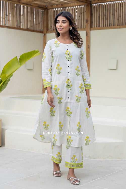 Cotton Mughal Boota Kurta & Palazzo Co Ord Set in Yellow