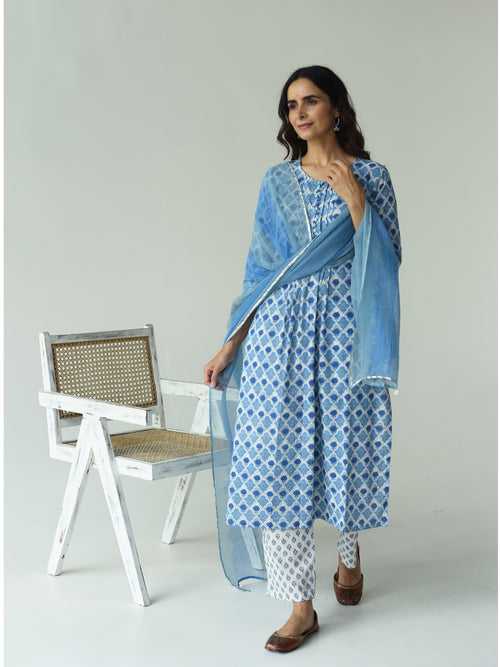 Cotton Buti Print Suit Set in Shades of blue and Grey