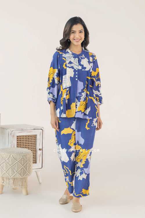 Cotton Abstract Print Tucks Co Ord Set In Blue