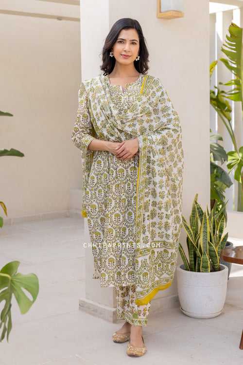 Cotton Block Print Mahin Jaal Suit Set in Shades of Green