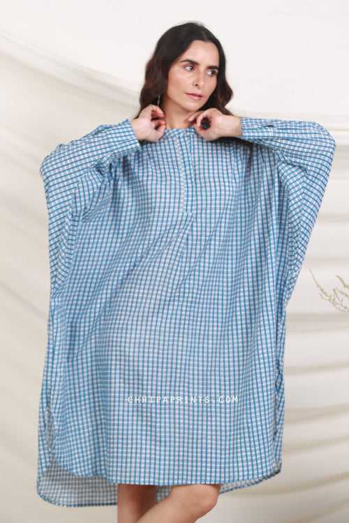 Cotton Checks Print Sunday Tunic in Shades of Blue and White