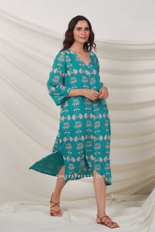 Cotton Bird Print Tunic Midi Dress in Persian Green