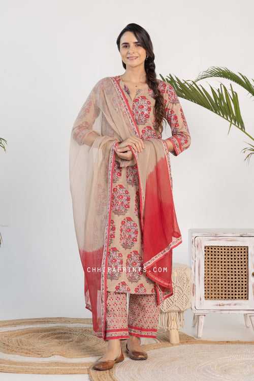 Cotton Mughal Buta Suit Set in Shades of Taupe and Red