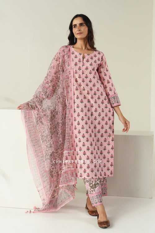 Cotton Gud Buti Block Print Suit Set in Shades of Baby Pink