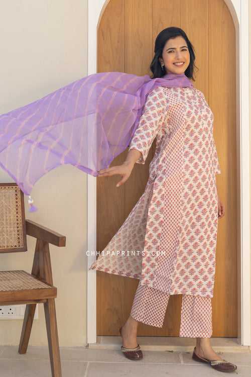 Cotton Mahin Buti Kalidar Kurta Set in Shades of Pink & Purple