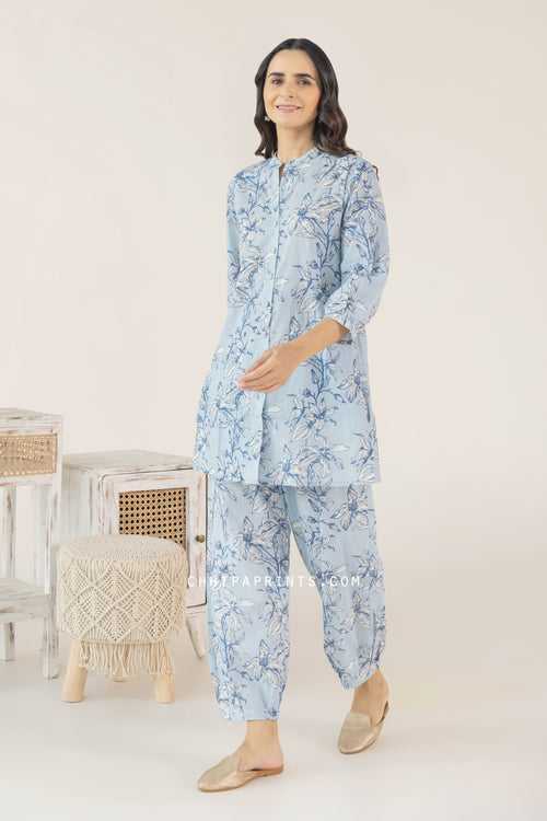 Cotton Hand Printed Floral Co Ord Set in Powder Blue