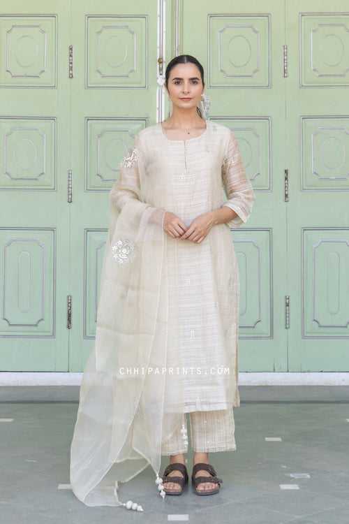 Chanderi Silk Dobby Gota Patti Suit Set in Oyster Grey from Inaayat Collection