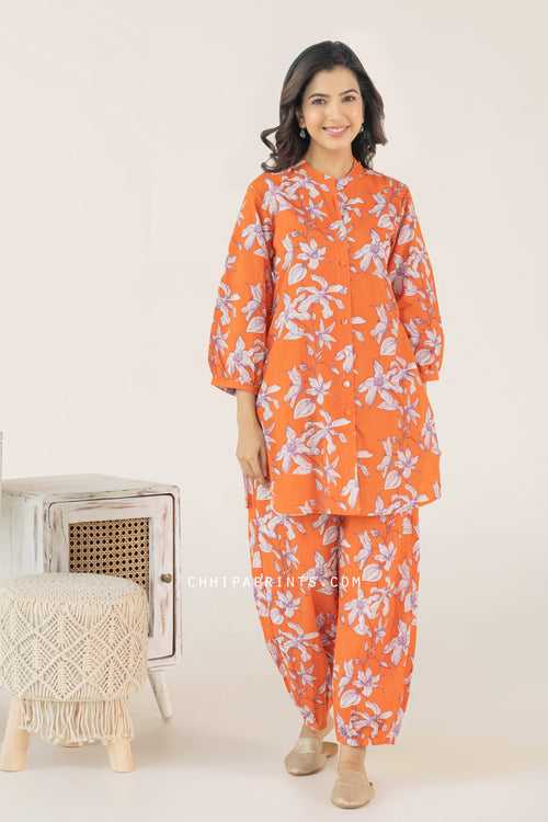 Cotton Hand Printed Floral Co Ord Set in Orange